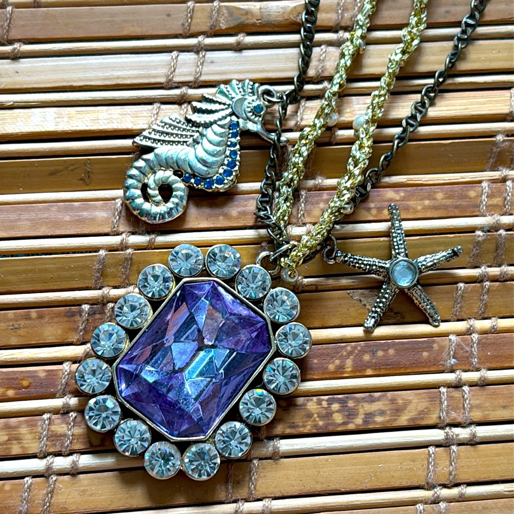 Betsey Johnson Seahorse Starfish Gold and Purple Pendant Ocean Necklace